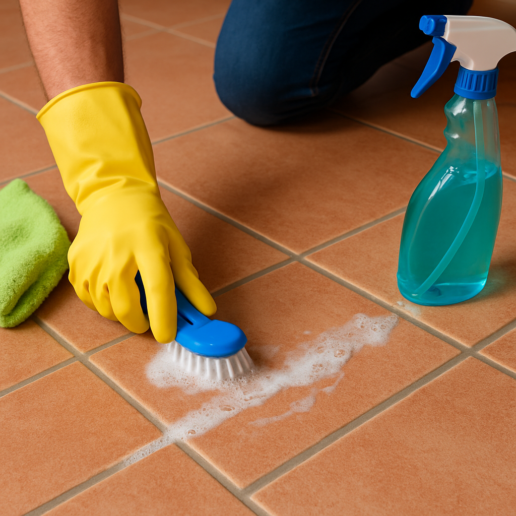 How to clean grout between floor tiles using brush and cleaner