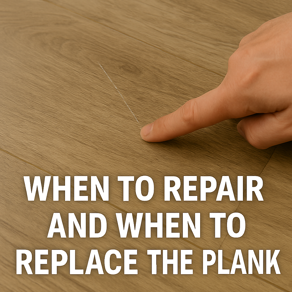 Finger pointing at floor damage to assess whether to repair or replace the vinyl plank