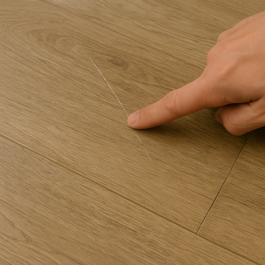 Hand pointing at a scratch on vinyl flooring, showing how to repair a scratch on vinyl floor