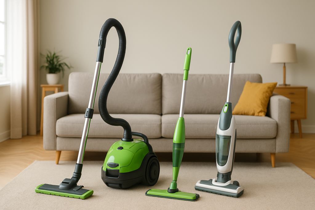 About us page hero image showing a modern living room with green floor care tools neatly arranged for a clean, fresh look.