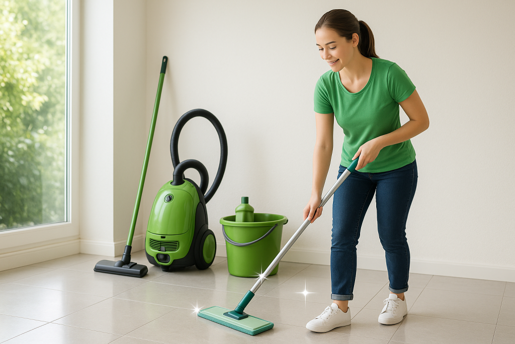 Woman mopping a wooden floor in a bright living room with a green vacuum cleaner beside her