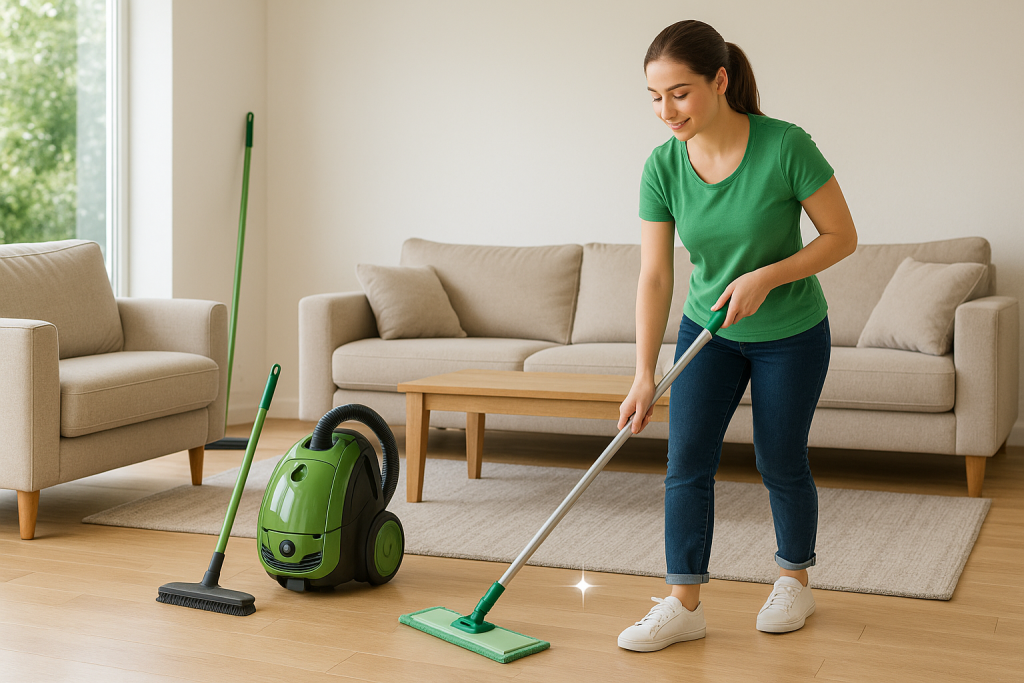 Woman mopping a wooden floor in a bright living room with a green vacuum cleaner beside her