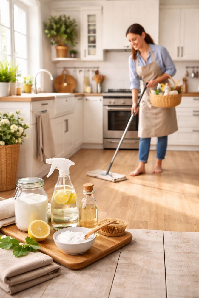 Woman mopping a wooden floor in a bright kitchen. Natural cleaners like lemon, vinegar, and baking soda in the foreground.