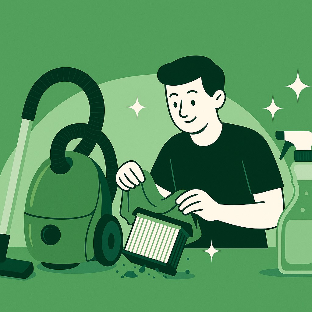 A person cleaning a vacuum filter with a cloth beside a green canister vacuum and spray bottle. 