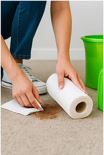 Pet owner blotting carpet stain with towel and cleaner bottle.