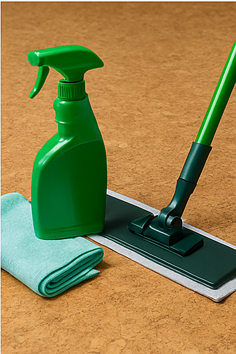Gentle cleaning of cork floor with soft mop and natural cleaner.