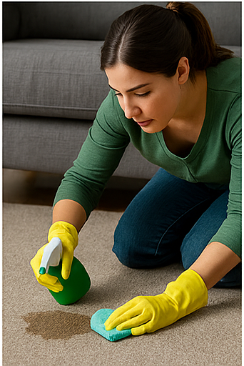 Woman kneeling on carpet removing pet stain with gloves and cleaner