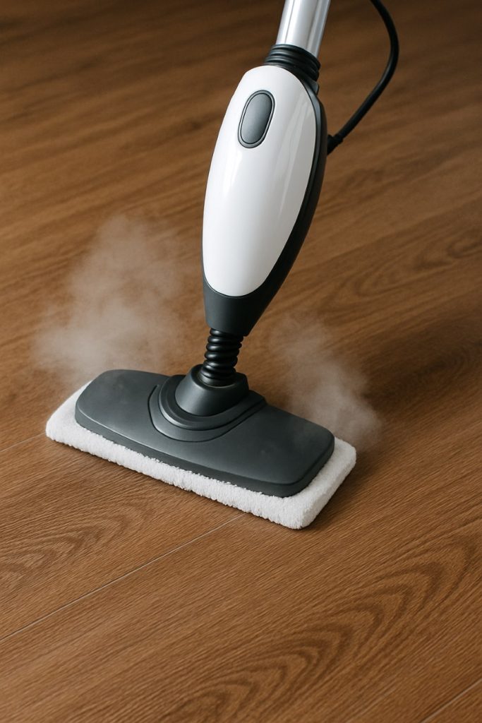 Steam mop cleaning hardwood floors with gentle steam