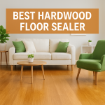 Modern living room with vibrant hardwood floor sealed for a glossy finish.