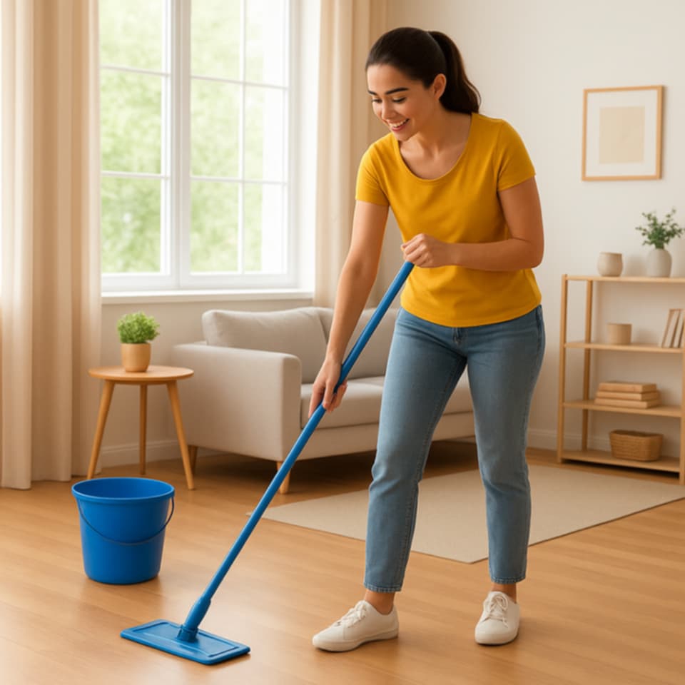 A woman mopping a bright, modern living space.