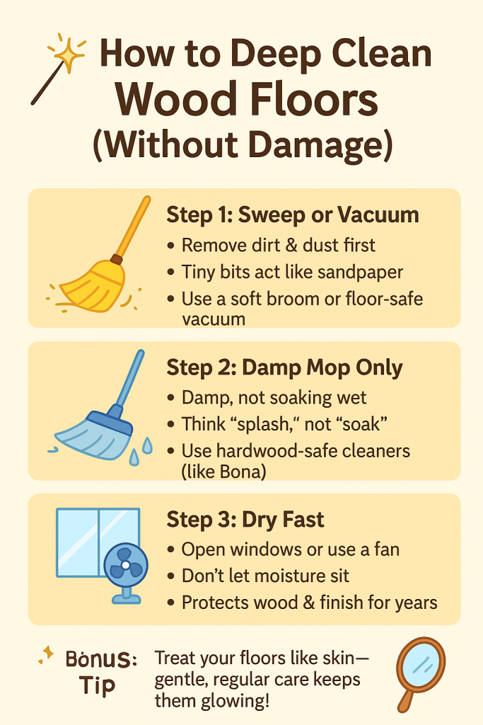 How to deep clean wood floors without damage – 3 easy steps infographic