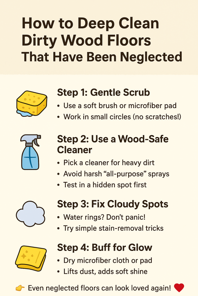 Infographic showing 4 steps to deep clean dirty hardwood floors that have been neglected