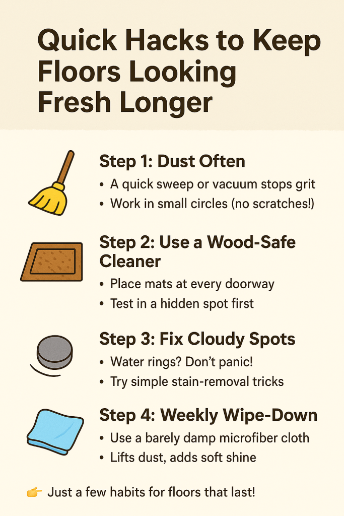 Infographic showing quick hacks to keep wood floors clean and looking fresh longer
