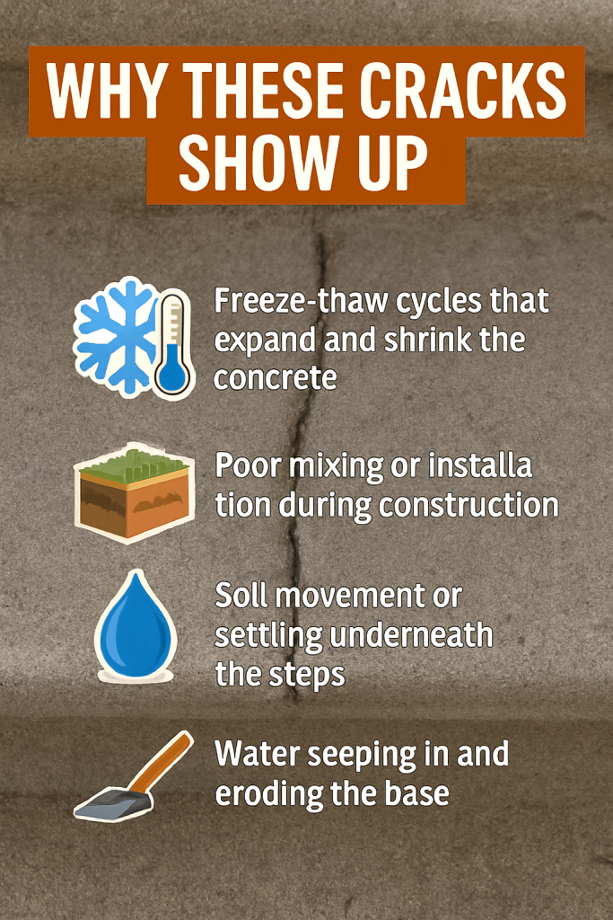 Infographic showing common causes of cracks in concrete steps with icons and text.
