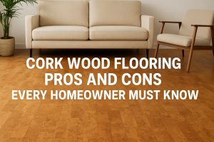 Cork wood flooring in a modern living room, eco-friendly and stylish.