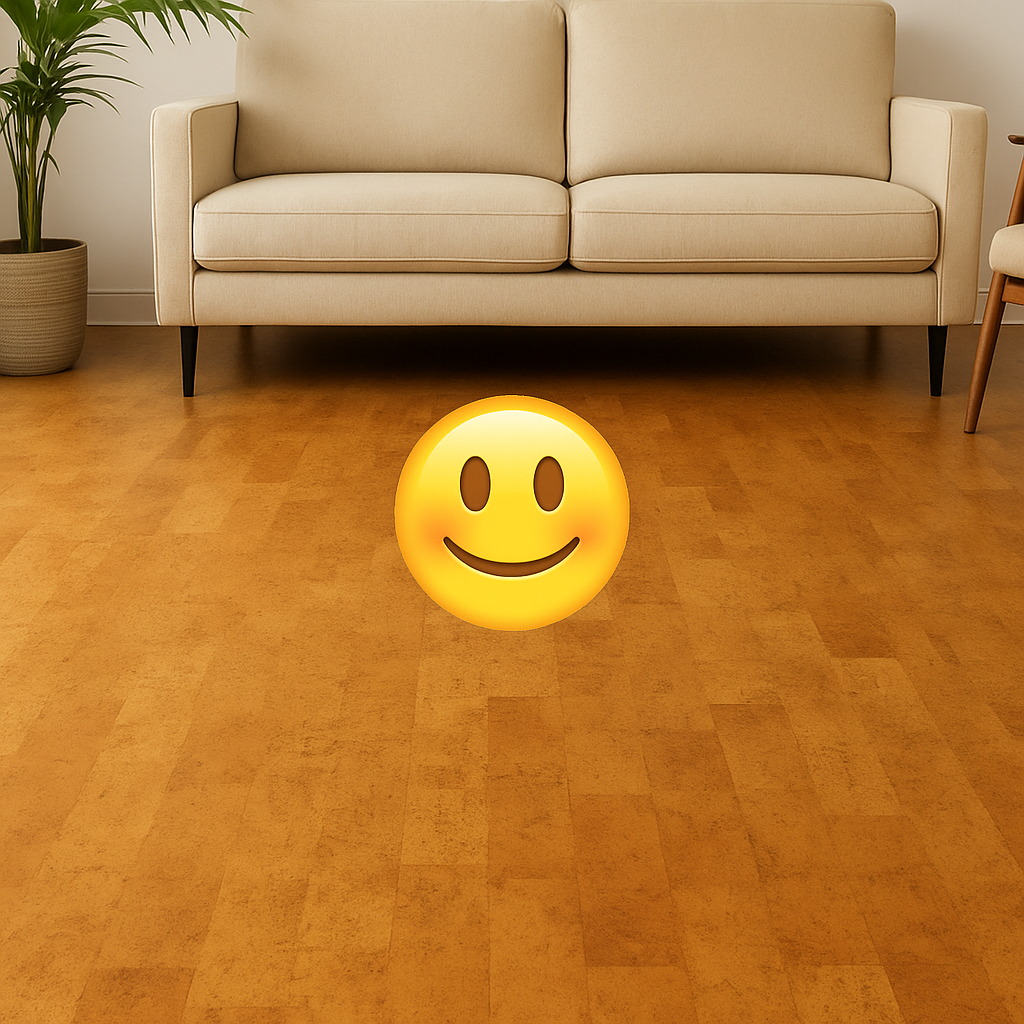 Cork wood flooring in a modern living room with sofa and chair