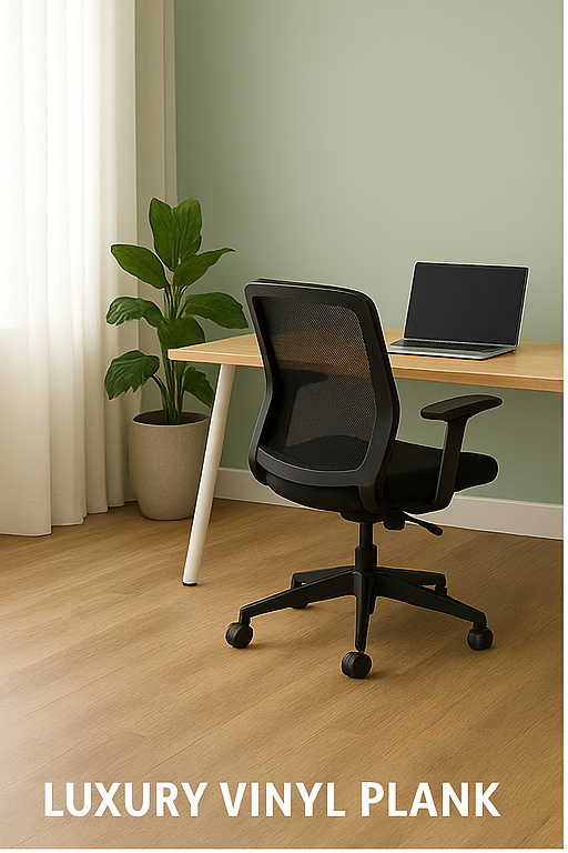 Modern home office with luxury vinyl plank flooring, one of the best flooring for home office durability and style, featuring a wood desk and ergonomic chair.