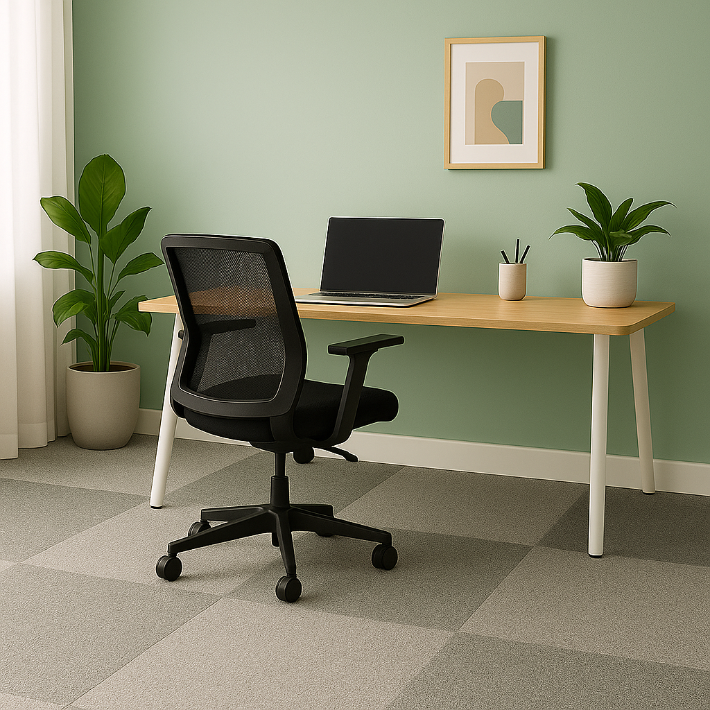 Modern office setting with gray carpet tiles, one of the popular flooring options for comfort and sound reduction.