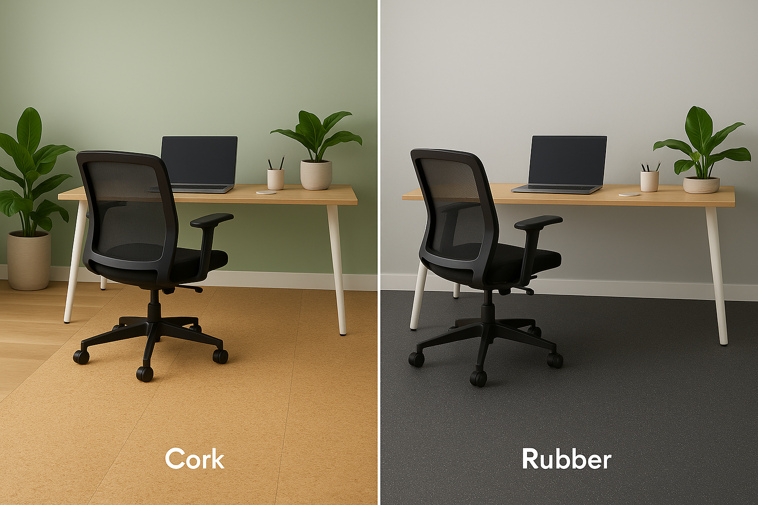 Side-by-side comparison of cork and rubber flooring in two modern home office setups, showing how each material can be the perfect flooring for your office comfort, quiet performance, and durability.