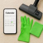Smartphone calendar reminder beside carpet cleaning tools showing a carpet cleaning schedule