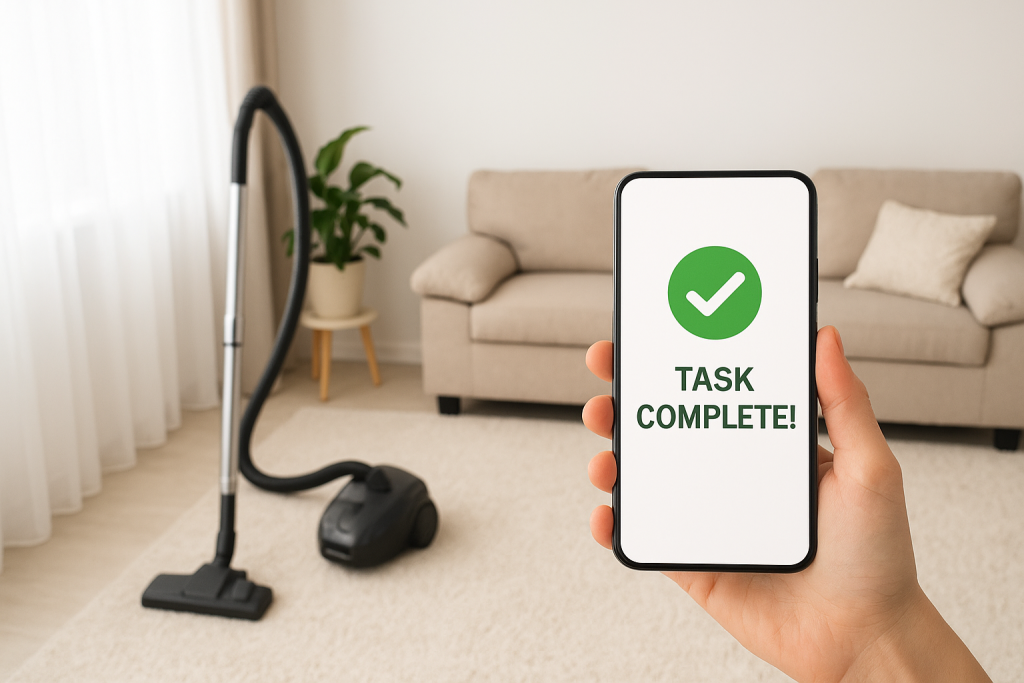Hand holding smartphone showing “Task Complete” beside a clean carpet and vacuum in a bright, tidy living room