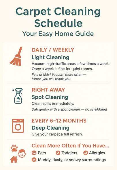 Printable carpet cleaning schedule showing daily, weekly, and deep cleaning plan for home carpets.