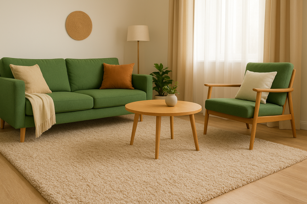 Inviting living room with green sofas, soft beige carpet, and natural sunlight