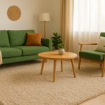 Inviting living room with green sofas, soft beige carpet, and natural sunlight
