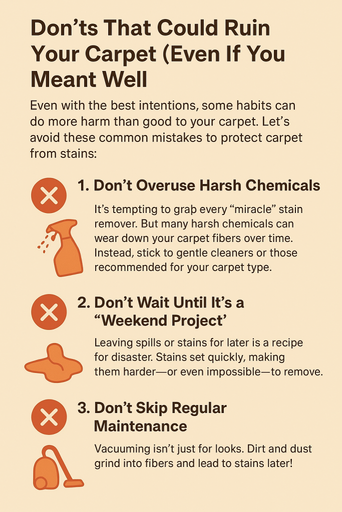 Infographic on a beige background showing three carpet-care mistakes to avoid: overusing harsh chemicals, waiting to clean stains, and skipping regular vacuuming.