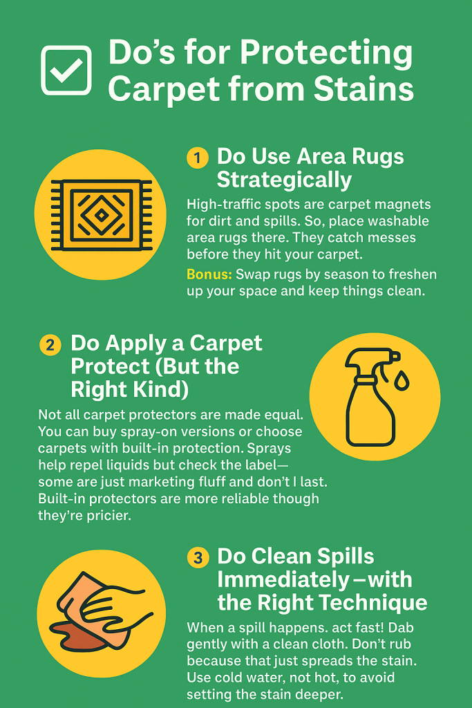 Infographic with green background showing three tips for protecting carpet from stains: use area rugs, apply carpet protector, and clean spills quickly.