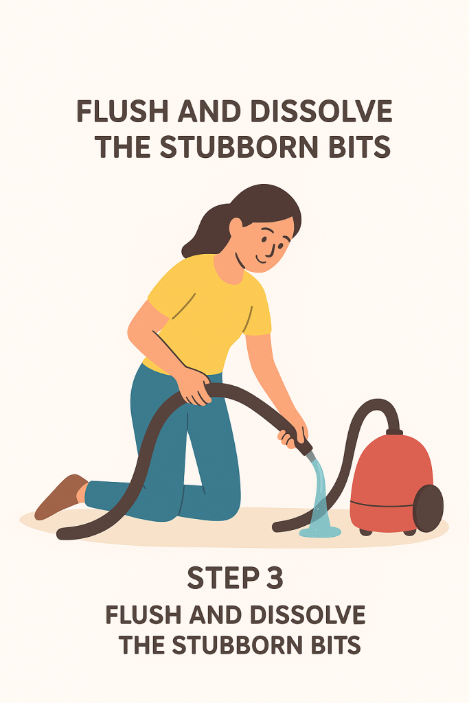 Illustration showing a person flushing water through a vacuum hose to clean out leftover debris.