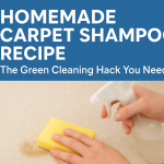 Hands cleaning a carpet stain with a yellow sponge and spray bottle, illustrating a homemade carpet shampoo recipe.
