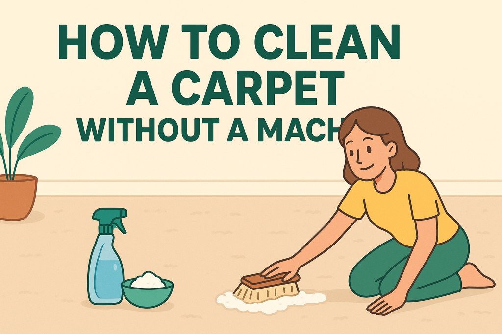 Cartoon woman cleaning a carpet by hand using brush, bowl, and spray bottle — how to clean a carpet without a machine.