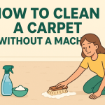 Cartoon woman cleaning a carpet by hand using brush, bowl, and spray bottle — how to clean a carpet without a machine.