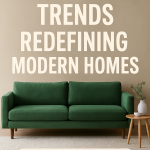 Modern living room with green sofa and cozy beige carpet representing the latest carpet trends.