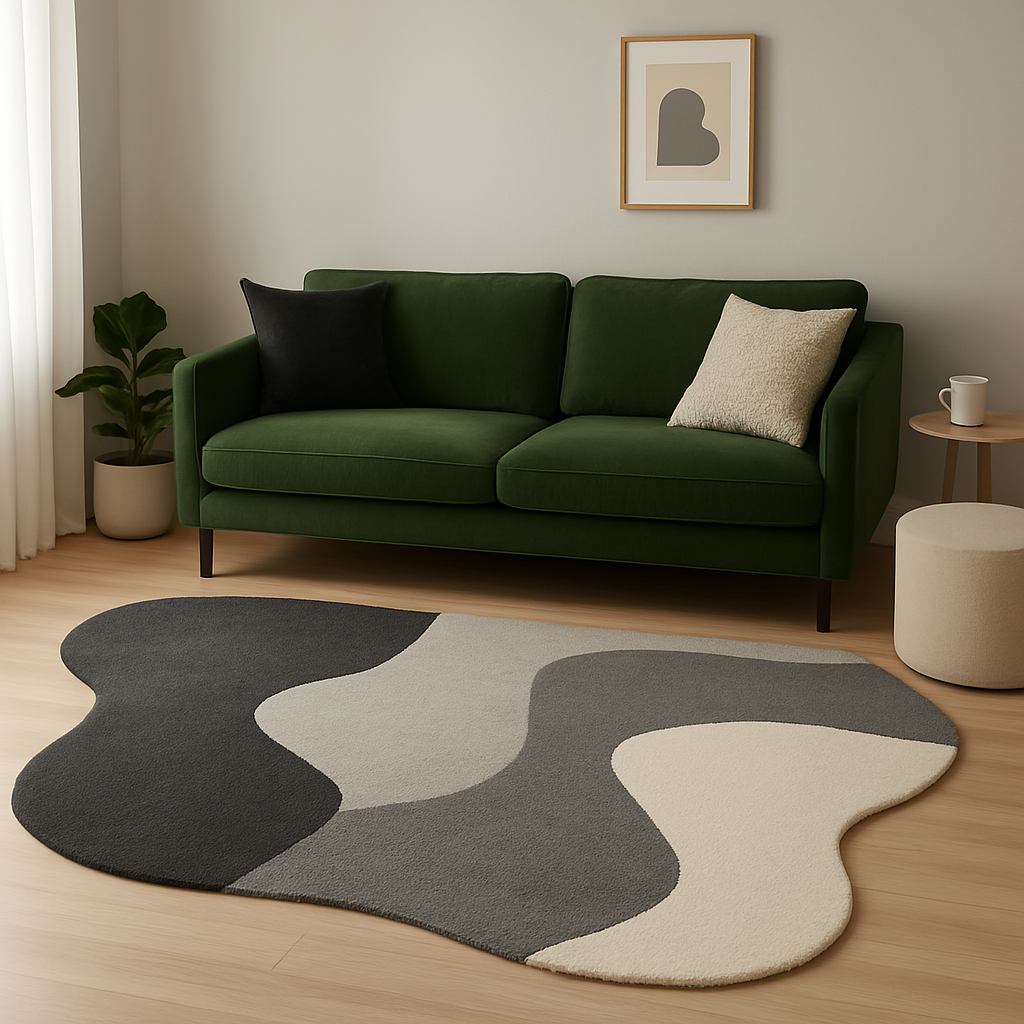 Modern living room with a green sofa and a gray, charcoal, and white irregular-shaped rug, highlighting one of the modern irregular-shaped rug trends for playful and stylish floor designs.