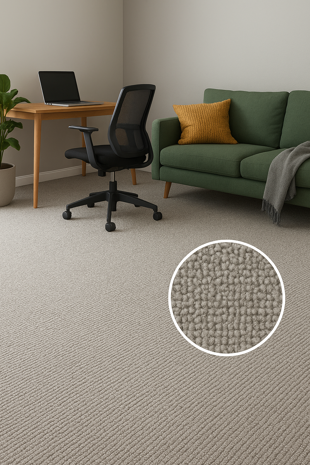 Close-up view of a gray cut-loop textured carpet in a modern living room with a green sofa, showcasing one of the hottest carpet trends that blends style with practical durability.