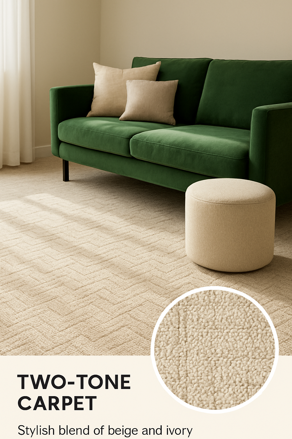 Modern living room with a green sofa and beige-ivory two-tone carpet, showcasing one of the modern carpet ideas with a tone-on-tone pattern and close-up texture detail.