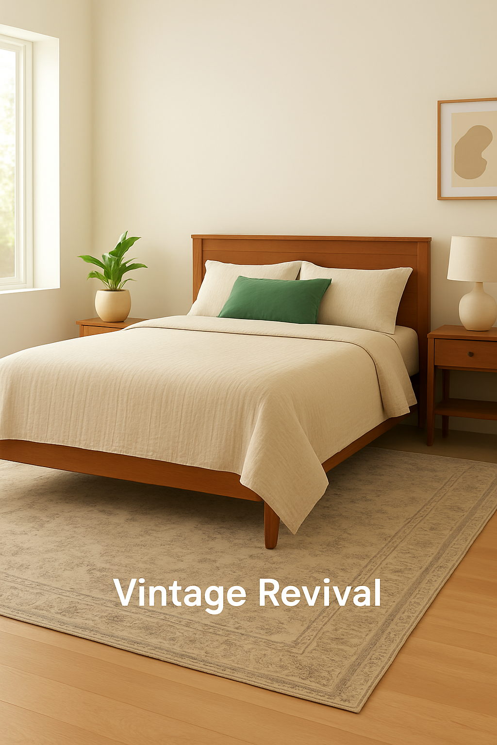 A bright bedroom with a vintage-pattern area rug under a wooden bed, showcasing the hottest rug ideas in warm, cozy style.