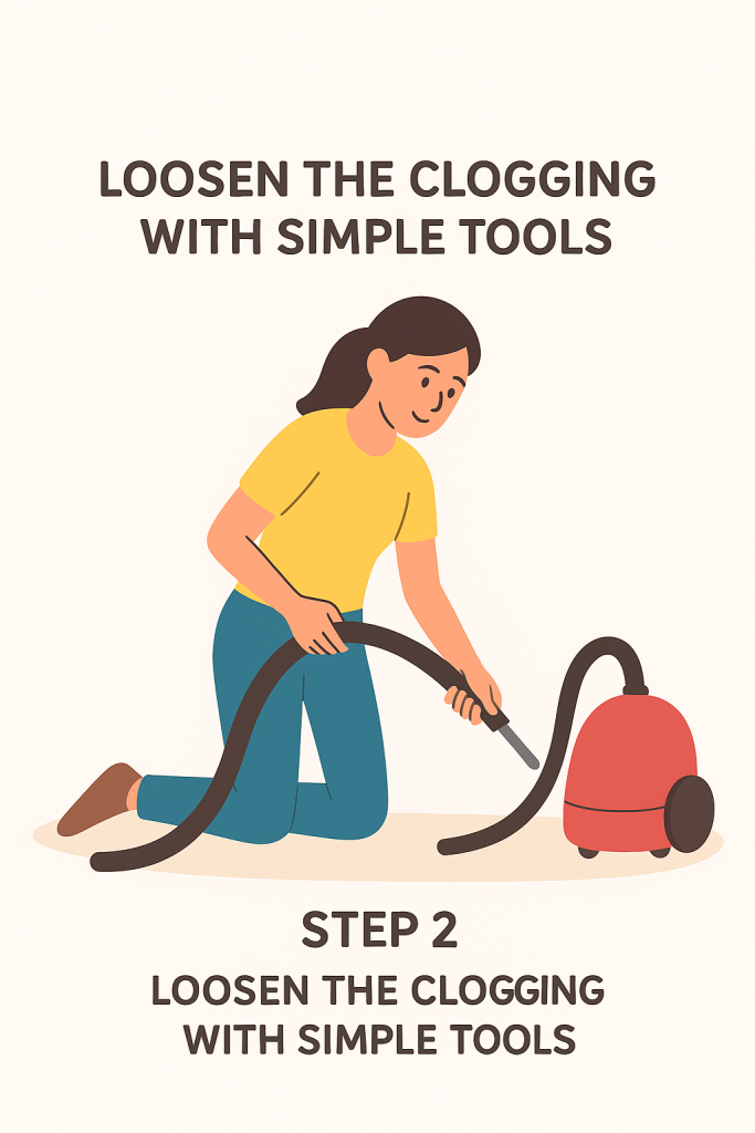 Illustration of a person using a broom handle or rod to gently loosen debris inside a vacuum hose.