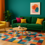 Modern living room with green-themed décor, bright flooring, and natural light