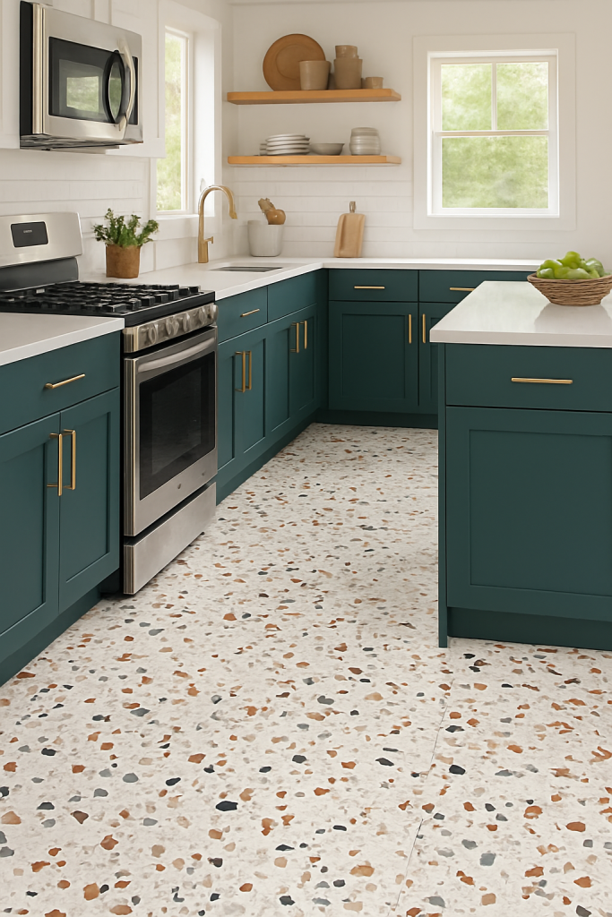 Modern kitchen with terrazzo flooring, teal cabinets, and white countertops — stylish and durable design for high-traffic spaces.