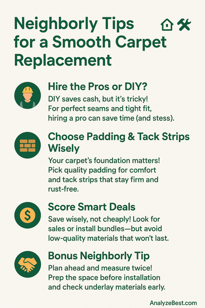 Modern infographic showing smart carpet replacement tips with clean icons and green accents.