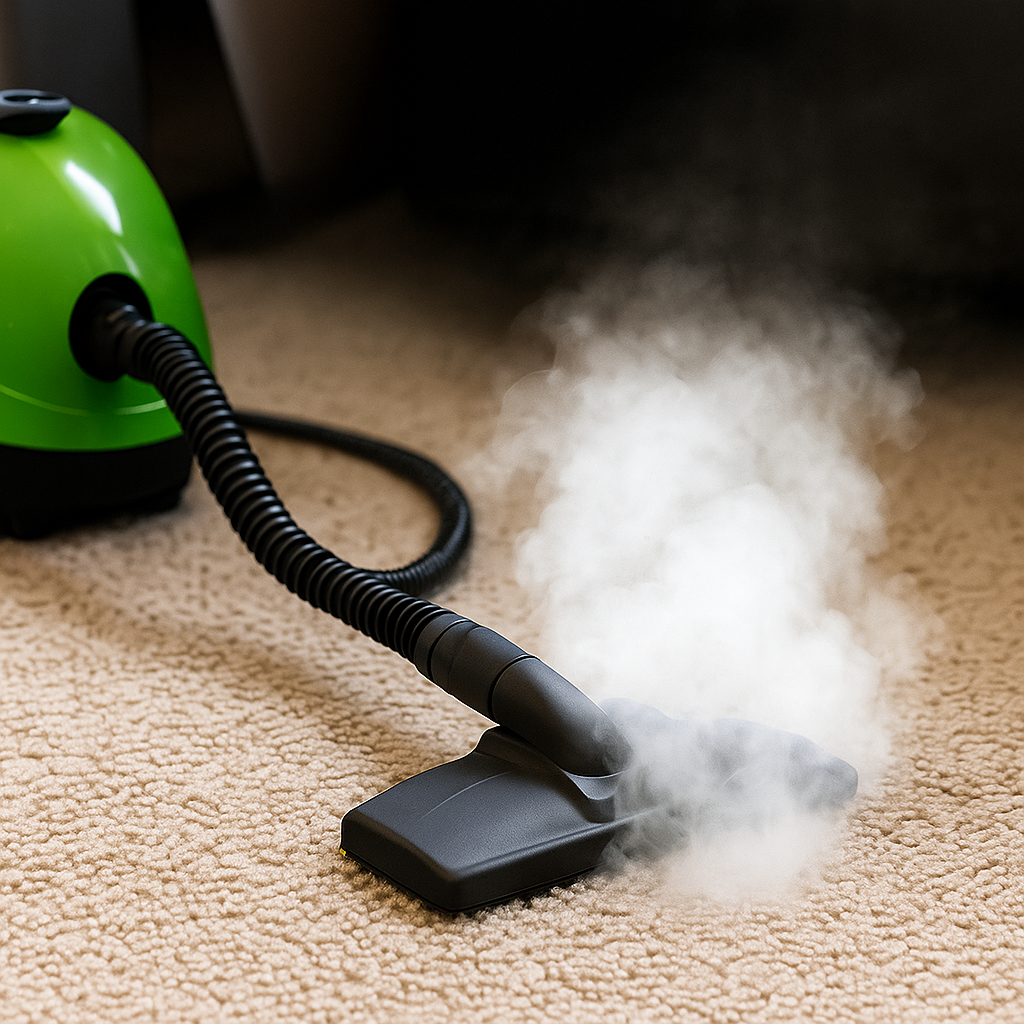Steam cleaner blasting grime from carpet with strong steam power