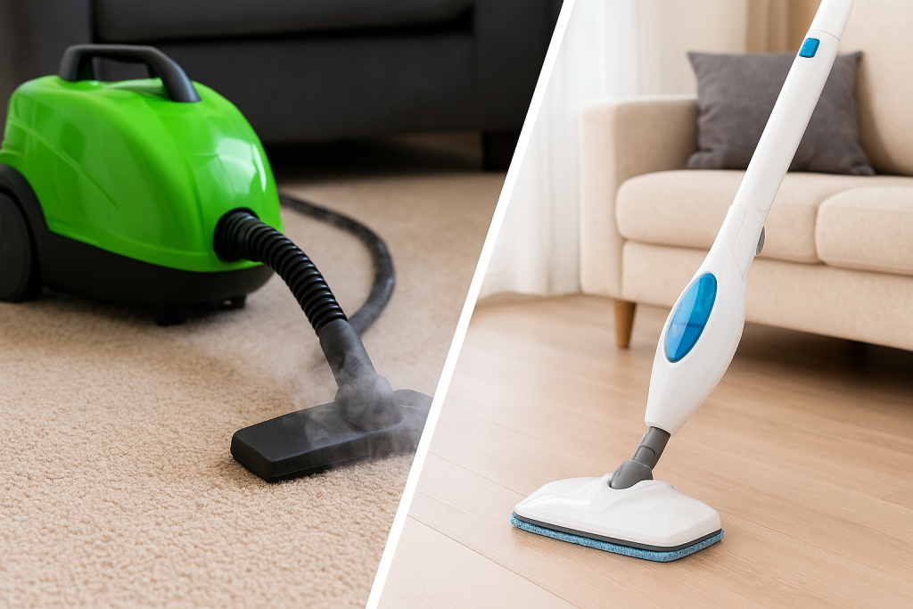 Professional steam cleaner and home steam mop side-by-side comparison