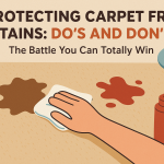 Hand wiping coffee and ketchup stains from a beige carpet — simple tips to keep carpets spotless.