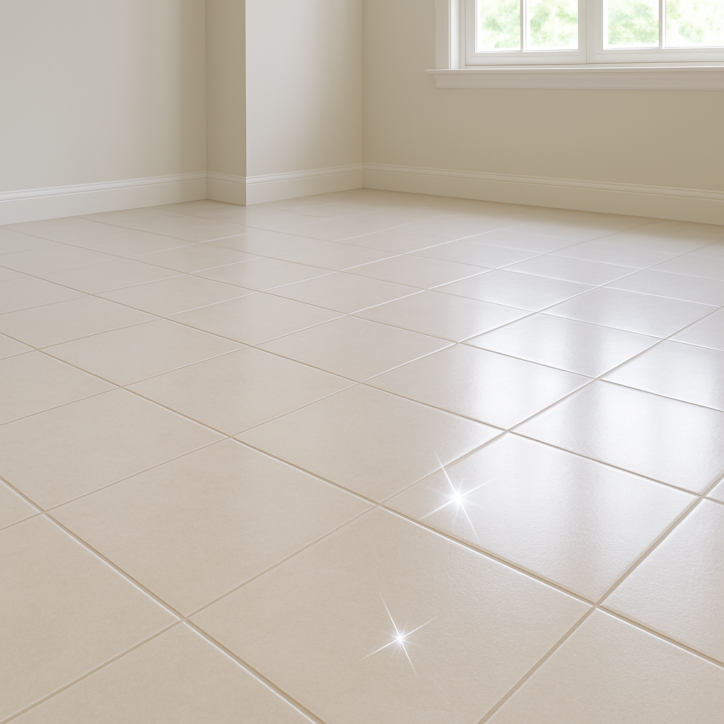 Bright room with shiny beige tile floor showing clean results after removing paint from tile.