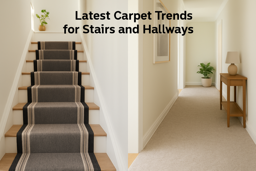 A split-screen image showing the hot ideas for stairs and hallways, featuring a striped stair runner on the left and a durable patterned hallway carpet on the right, both in bright natural light.