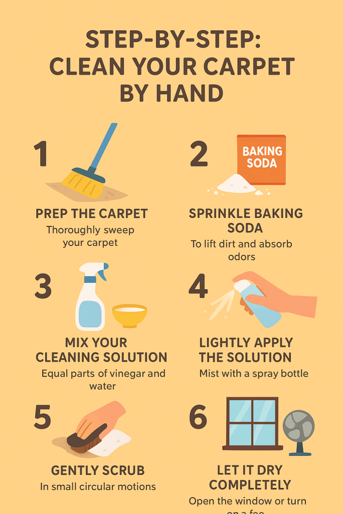 Illustrated infographic showing seven simple steps to clean carpet by hand without a machine.
