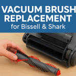 A person replacing the brush roll on a vacuum cleaner with red and black bristles, showing the process of installing a new brush.